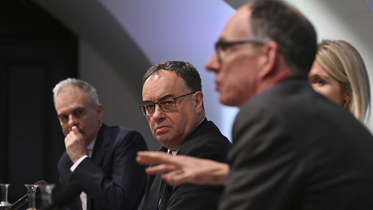 Andrew Bailey at the Monetary Policy Report press conference at the Bank of England, in London. Feb. 1, 2024.