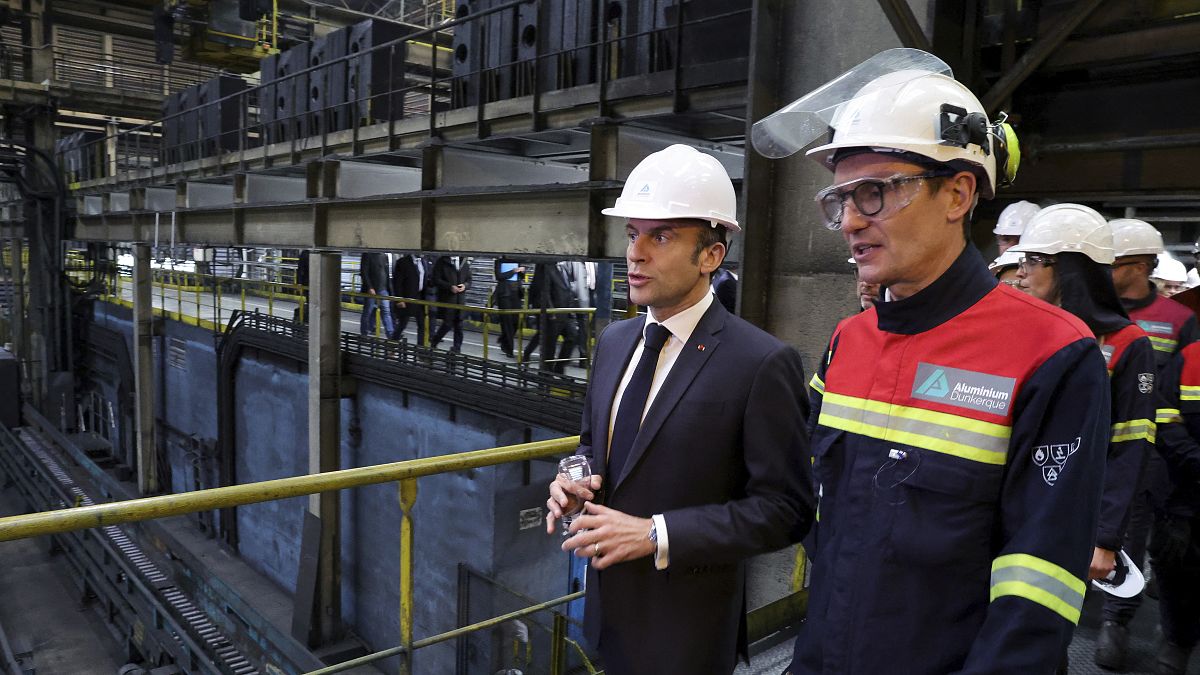 French President Emmanuel Macron visits the Aluminium Dunkerque factory in Dunkirk. May 12, 2023.
