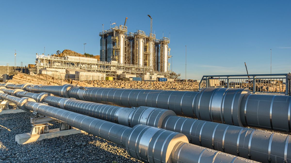 Pipelines and storage tanks at Northern Lights CO2 terminal in Øygarden, Norway, The plan is to ship it offshore for permanent storage in depleted gas fields.