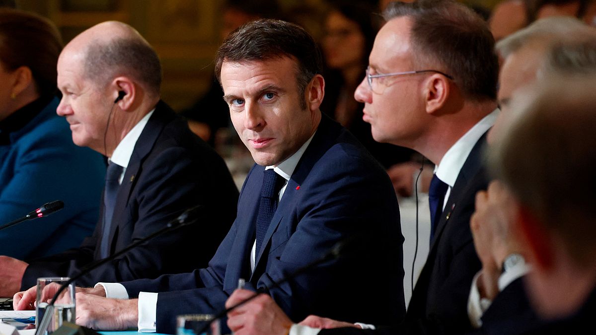 French President Emmanuel Macron, centre, with other European leaders at the Elysee Palace in Paris.
