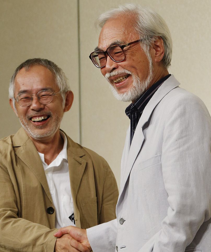 Hayao Miyazaki, à droite, avec Toshio Suzuki, président et producteur du Studio Ghibli Inc.