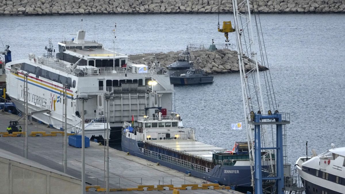 The second vessel, left, with food aid from aid group World Central Kitchen prepares to depart for Gaza at Larnaca port