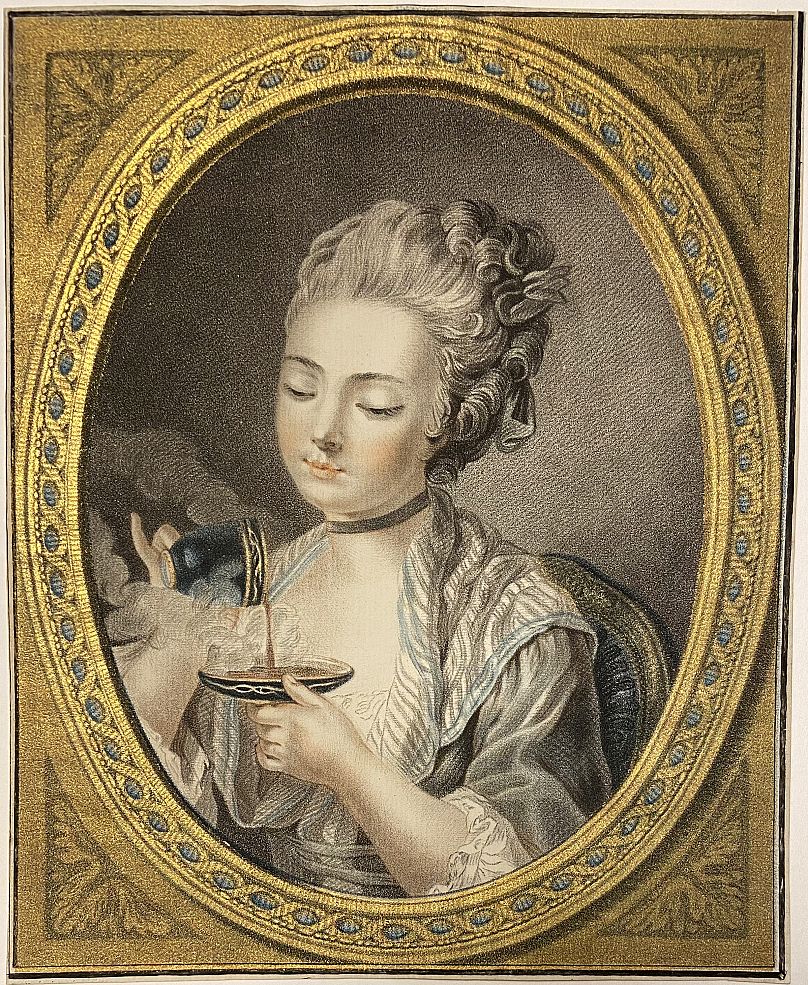Bonnet Louis marin, 'La Femme Ta King Coffee, gravures façon pastel rehaussées de feuilles d'or appliquées