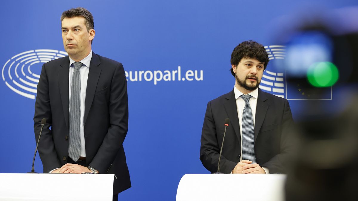 MEP Dragoș Tudorache, left, and MEP Brando Benifei, right