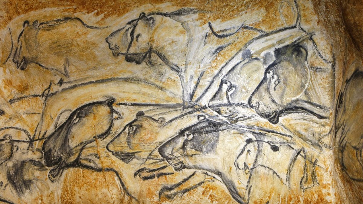 Drawings of animal figures are seen in the life size replica of Grotte Chauvet, or Chauvet cave, in Vallon Pont d