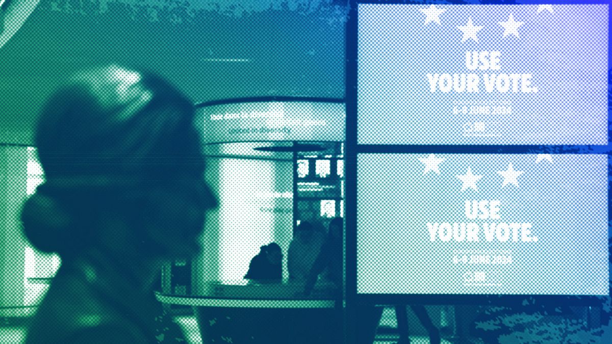Screens promote the upcoming European Elections at the European Parliament in Strasbourg, March 2024