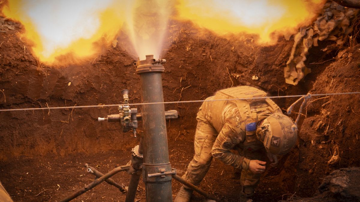 Ukrainian servicemen of the 28th Separate Mechanised Brigade fires a 122mm mortar towards Russian positions at the front line, near Bakhmut, Donetsk region, Ukraine, 3/3/24.