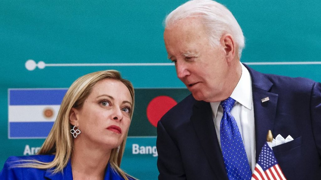 Italian Prime Minister Giorgia Meloni and President Joe Biden talk during the launch of the Global Biofuels Alliance at the G20 summit in New Delhi, India, Sept. 9, 2023.