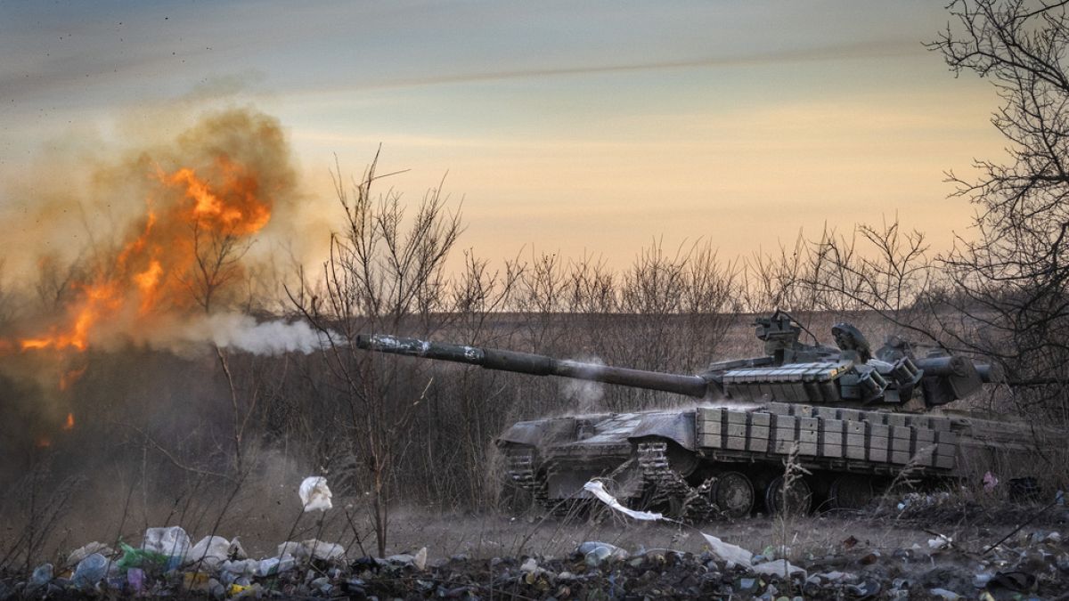 A Ukrainian tank fires at the Russian positions in Chasiv Yar, the site of fierce battles with the Russian troops in the Donetsk region, Ukraine, Feb. 29, 2024.