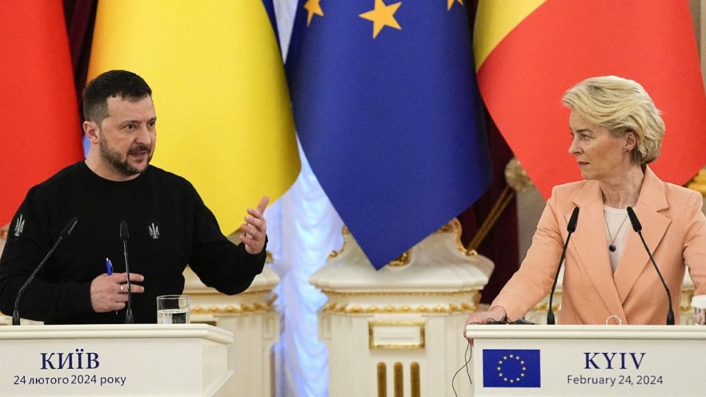 Ukrainian President Volodymyr Zelenskyy and European Commission chief Ursula von der Leyen in Kyiv, Ukraine on the second anniversary of Russia