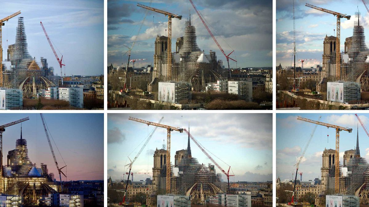 This combination photo shows, from top left, clockwise, the scaffolding around the Notre Dame de Paris cathedral spire being removed from Jan. 24, 2024 to March 6, 2024.
