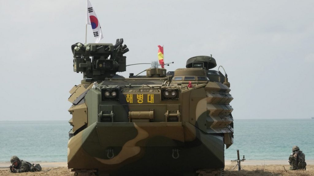 South Korean soldiers land with an amphibious assault vehicle during the ongoing Cobra Gold joint military exercise on Hat Yao beach in Chonburi province, eastern Thailand.