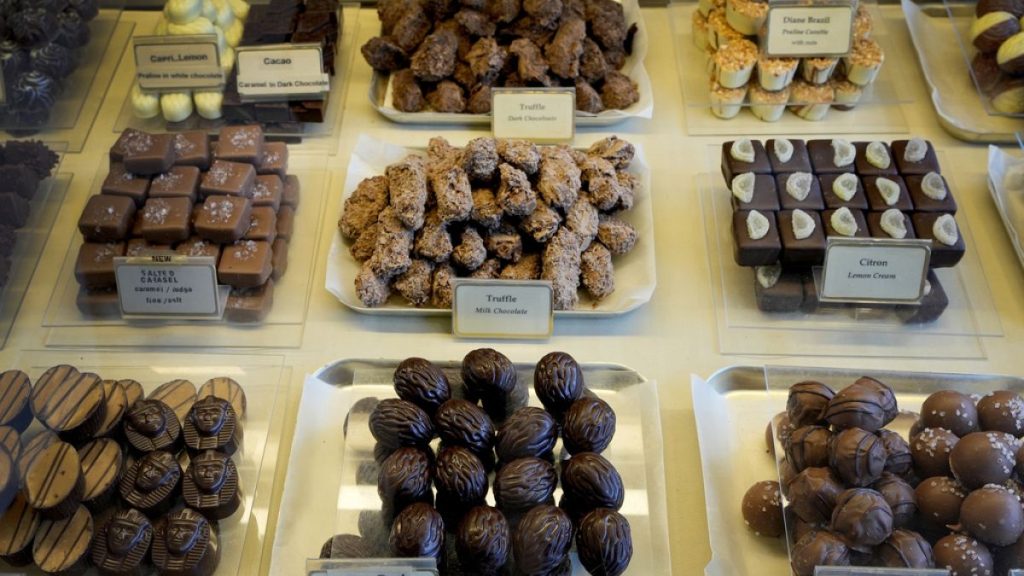Luxury handmade Belgian Chocolates are seen displayed at Sandrine a chocolate shop owned by Niaz Mardan, in south west London, Thursday, March 21, 2024.