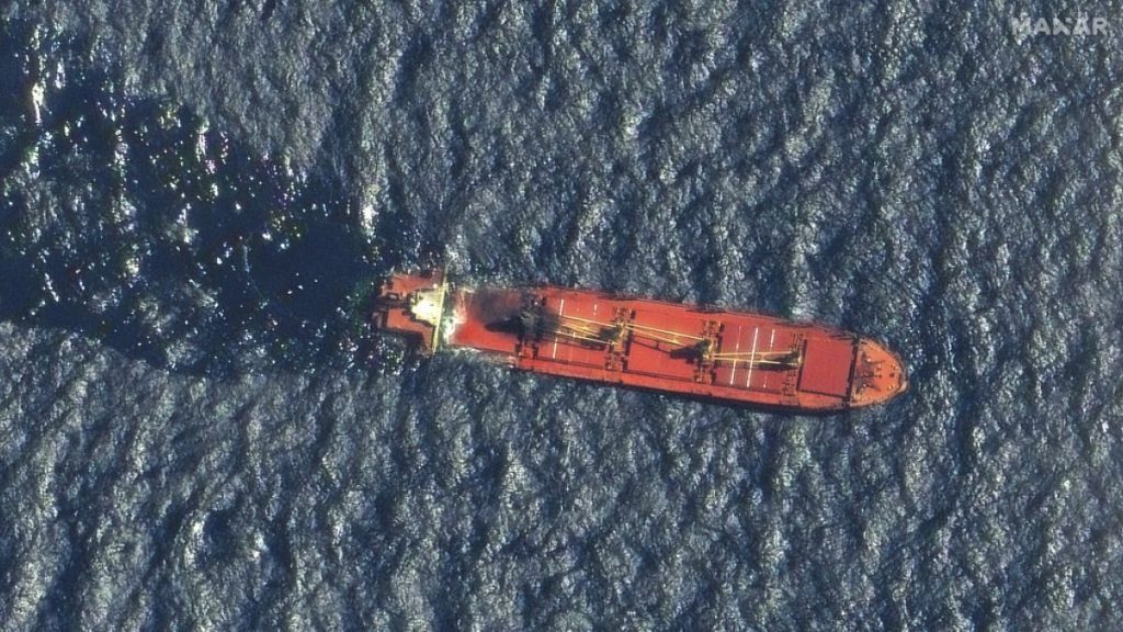 This satellite image taken by Maxar Technologies shows the Belize-flagged ship Rubymar in the Red Sea on Friday, March 1, 2024.
