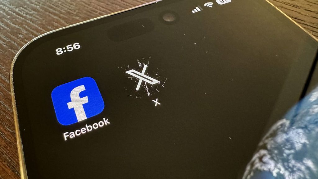 App logos for Facebook, left, and X, formerly known as Twitter, are seen on a mobile phone in Los Angeles, Saturday, March 16, 2024.