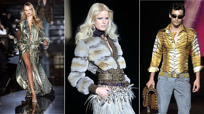 Les collections de Roberto Cavalli s'inspirent souvent du monde naturel, incorporant des plumes, de la fourrure et des imprimés animaliers.