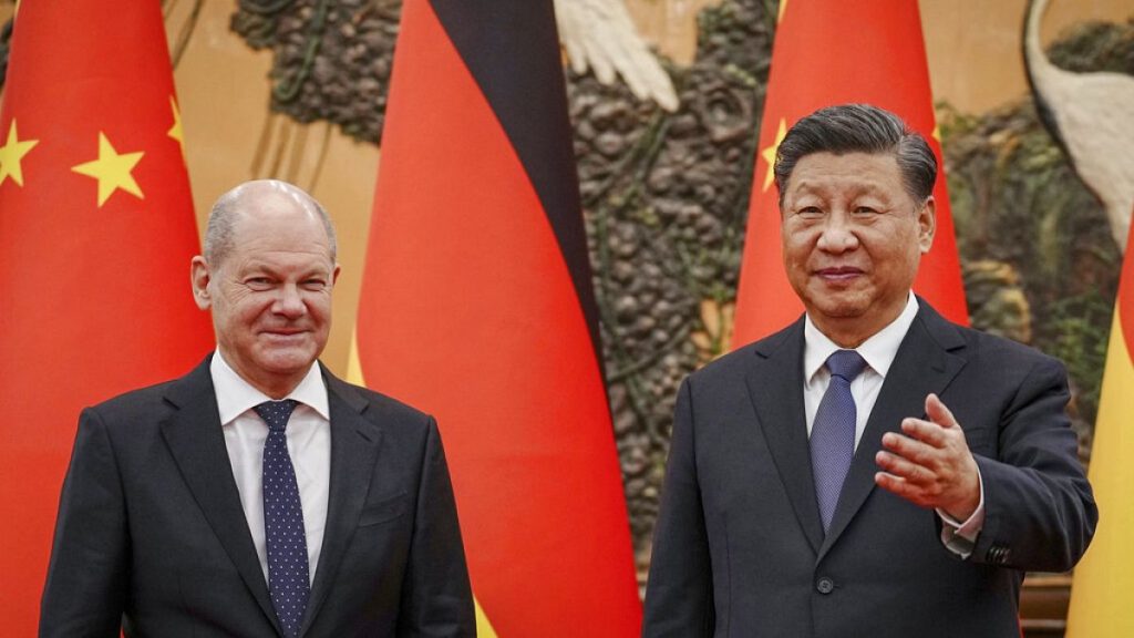FILE - German Chancellor Olaf Scholz, left, meets Chinese President Xi Jinping at the Great Hall of People in Beijing, China, Friday, Nov. 4, 2022.