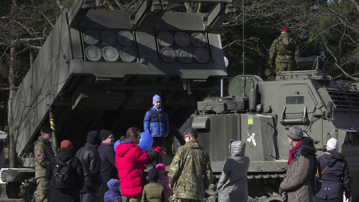 The French Multiple Launch Rocket System LRU M270 on display as Estonia celebrates its 20th anniversary of NATO membership in April 2024