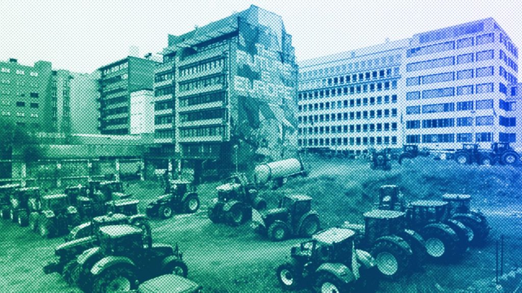 Farmers park their tractors near the European Council building in Brussels during a demonstration, March 2024