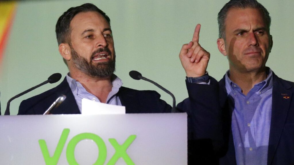 Santiago Abascal, leader of far-right Vox Party, addresses supporters outside the party headquarters after the announcement of the general election first results, in Madrid.