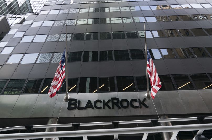 Des drapeaux flottent devant le siège social de BlackRock à New York, janvier 2021