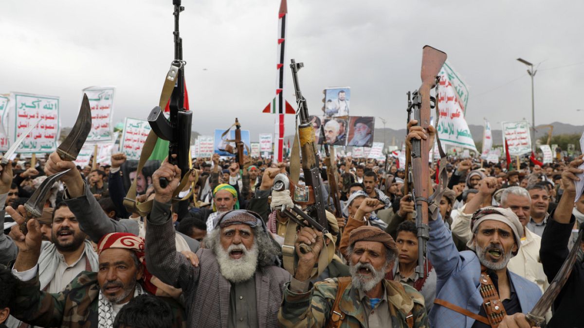 Houthi supporters attend a rally against the US-led strikes against Yemen and in support of Palestinians in the Gaza Strip, in Sanaa, Yemen, Friday, April. 26, 2024.