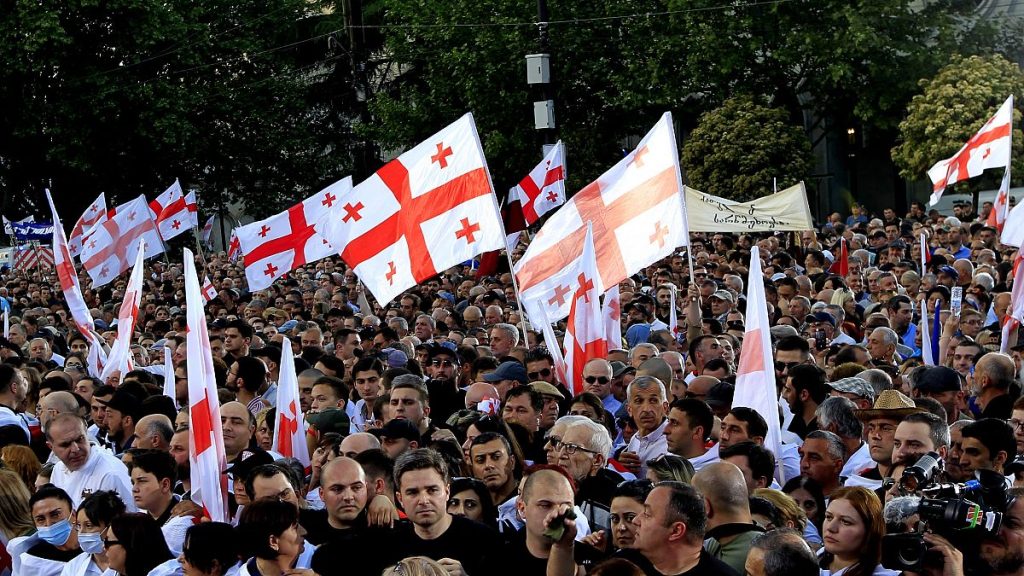 Pro-government demonstrators with Georgian national flags attend a rally in support of