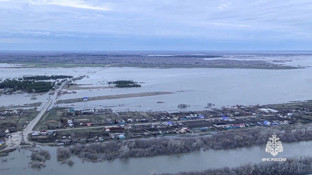 Grab taken from video released by the Russian Emergency Ministry Press Service on Tuesday, April 16, 2024, shows flooded area at Tobol river in the Kurgan region, Russia.