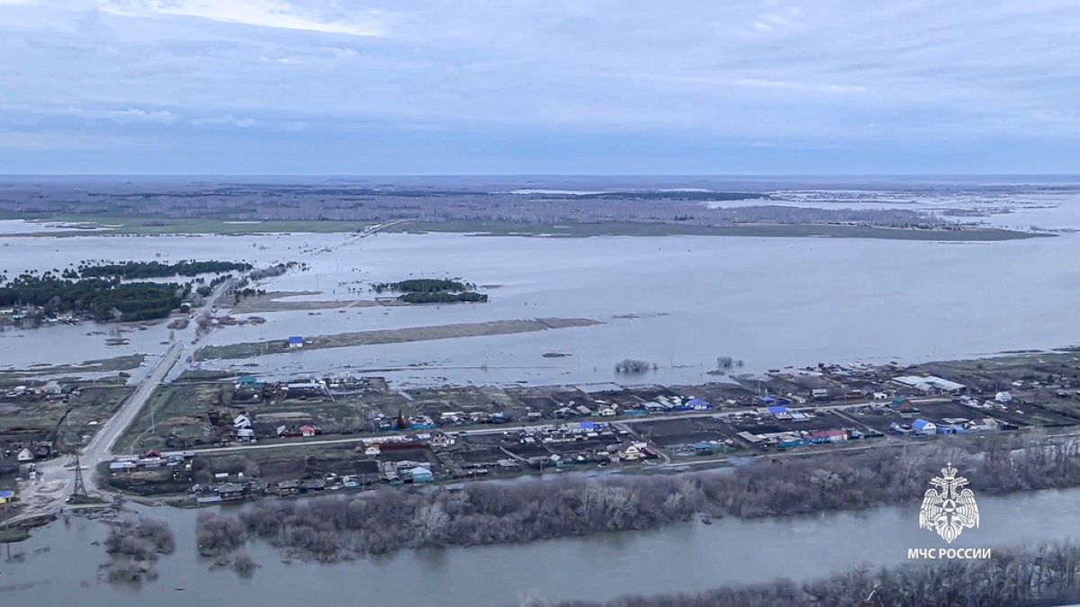 Grab taken from video released by the Russian Emergency Ministry Press Service on Tuesday, April 16, 2024, shows flooded area at Tobol river in the Kurgan region, Russia.