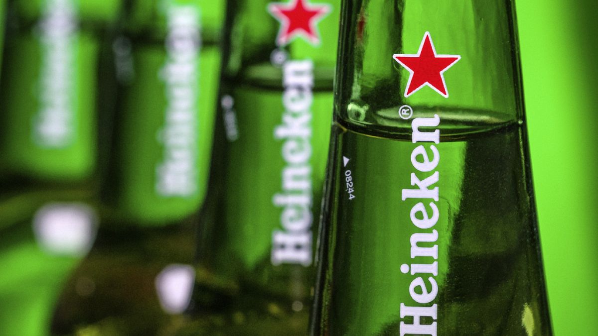 Bottles of Heineken beer are photographed in Washington, USA. March 30, 2018.