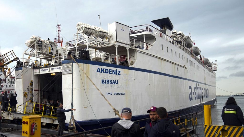 A ship of Freedom Flotilla Coalition anchors at Tuzla seaport in Istanbul, Turkey, Friday, April 19, 2024.