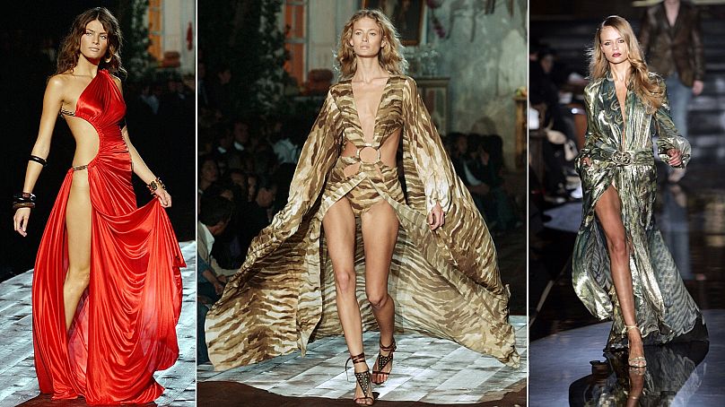 Les looks de Roberto Cavalli étaient connus pour leurs silhouettes sexy et leurs imprimés audacieux, souvent inspirés du monde animal.