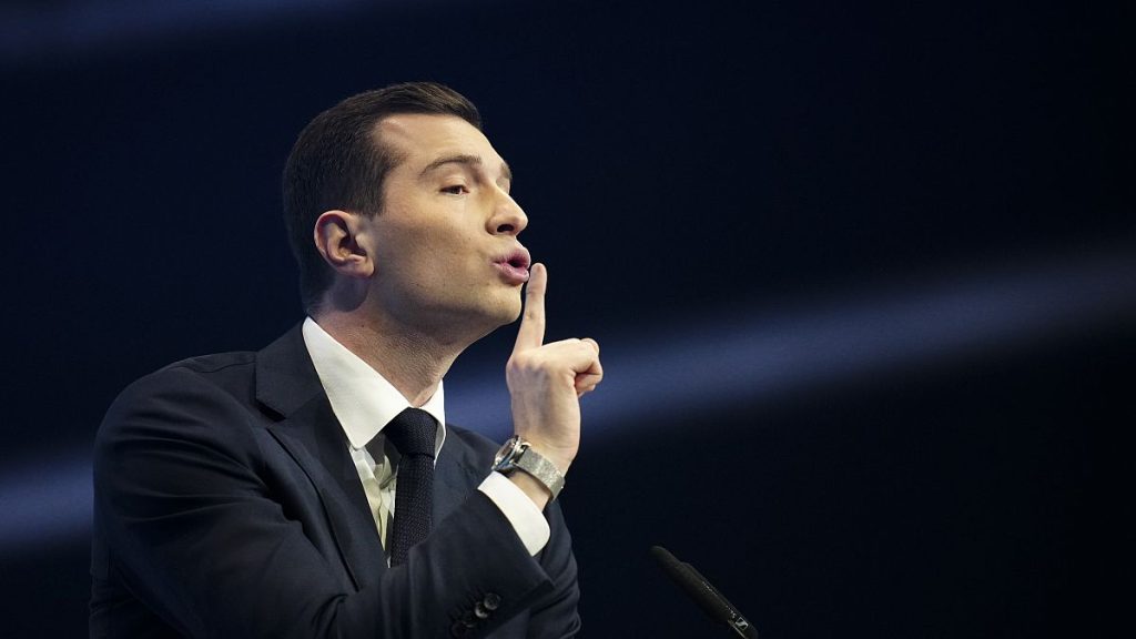 French Far-right party National Rally president Jordan Bardella delivers a speech at a meeting, in Marseille, southern France, Sunday, March 3, 2024.