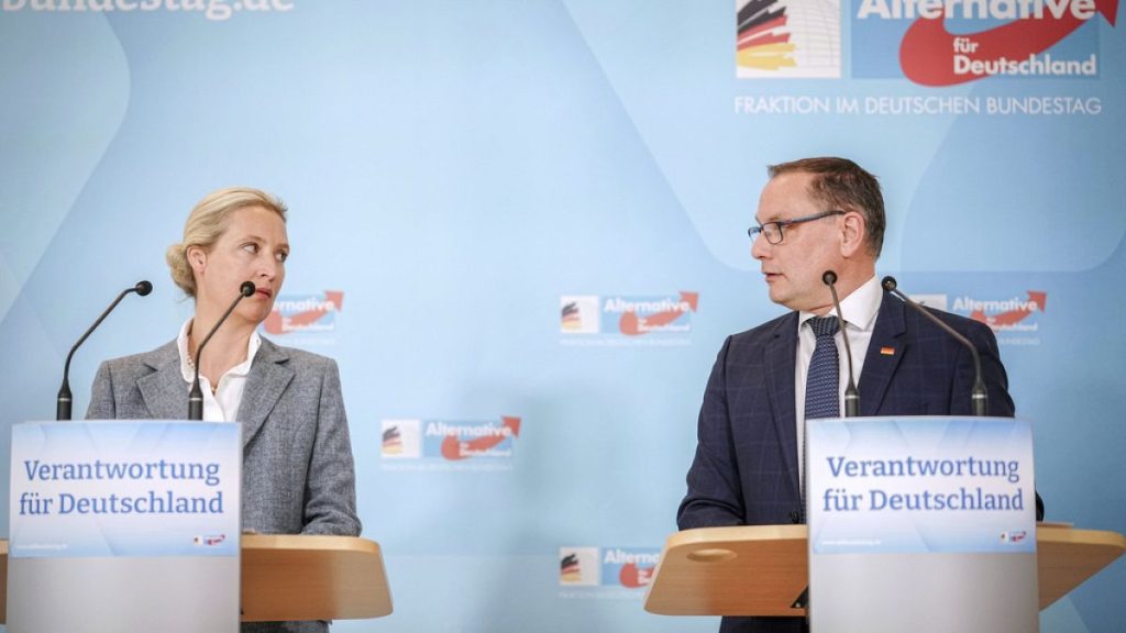 AfD parliamentary group leader Alice Weidel, left, and AfD federal chairman and AfD parliamentary group leader Tino Chrupalla give a press statement