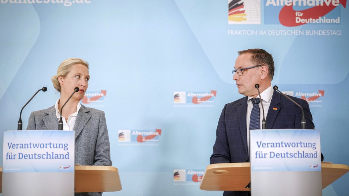 AfD parliamentary group leader Alice Weidel, left, and AfD federal chairman and AfD parliamentary group leader Tino Chrupalla give a press statement