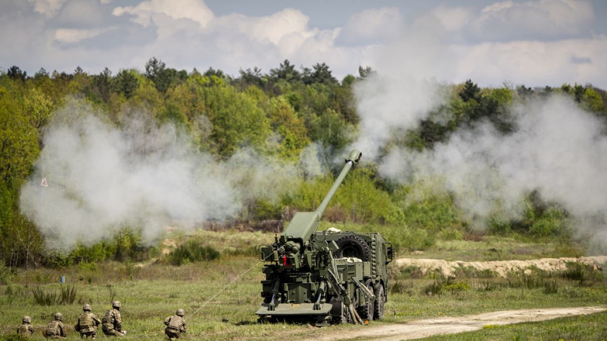 A Bohdana cannon fires in Lviv in Ukraine, Saturday, April 27, 2024.