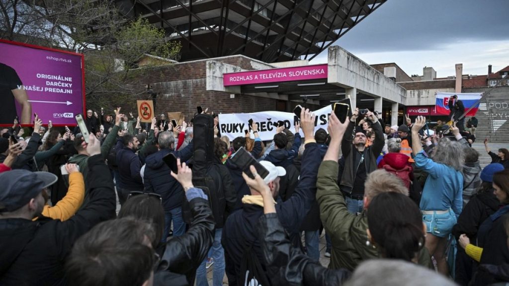 FILE - People take part in a protest organised by the Slovakian opposition parties in Bratislava, Wednesday, March. 27, 2024.