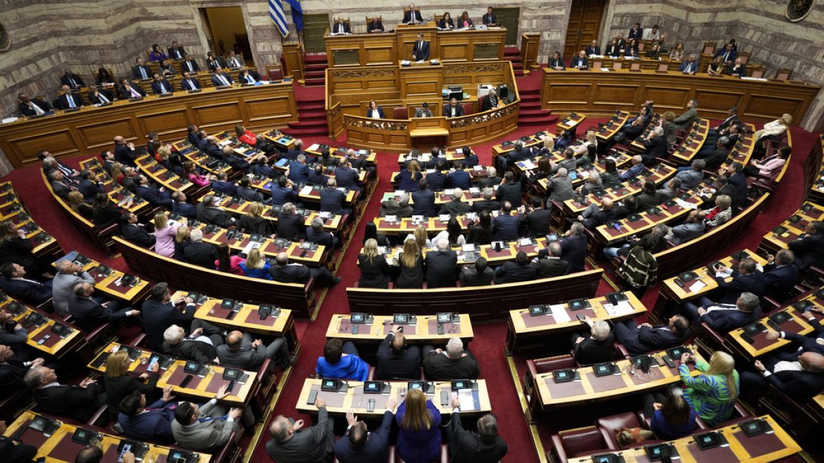 FILE - Greece Prime Minister Kyriakos Mitsotakis speaks during a parliament session in Athens, Greece, on Thursday, March 28, 2024.