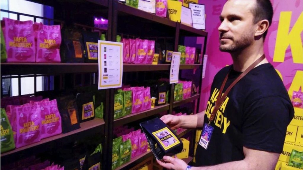 Kaffa Roastery’s founder Svante Hampf shows package of “AI-conic” coffee blend generated by artificial intelligence in Helsinki, Finland