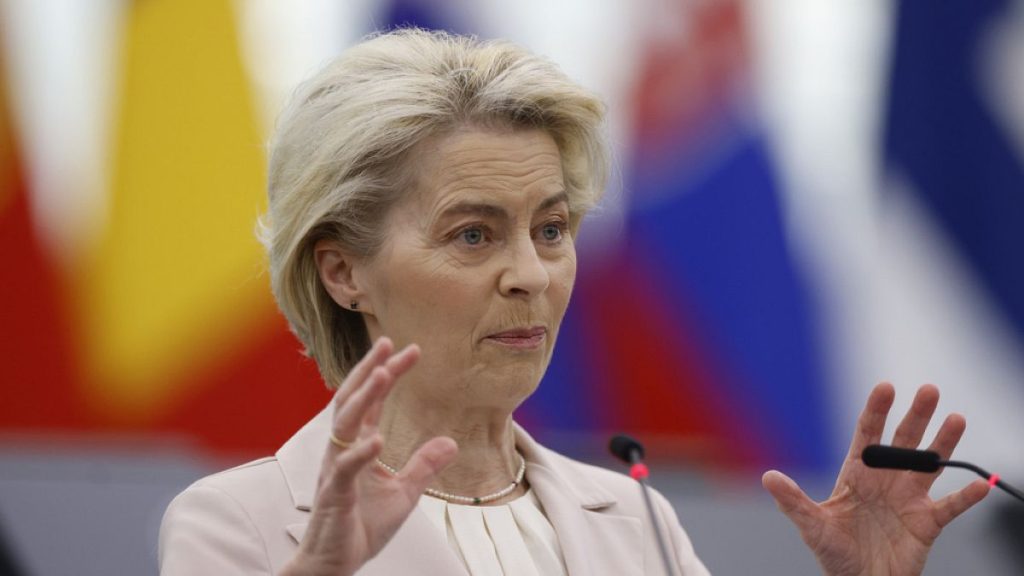 President of the European Commission Ursula von der Leyen talks during a session at the European Parliament, Tuesday, April 23, 2024 in Strasbourg, eastern France.