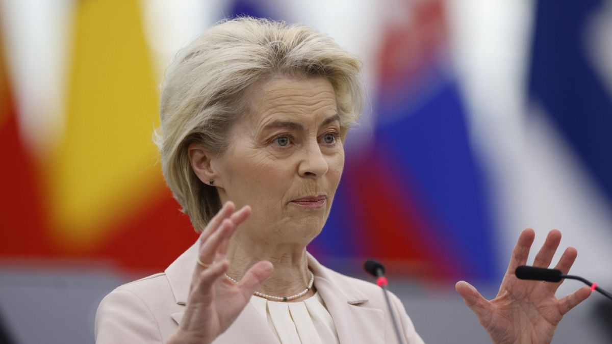 President of the European Commission Ursula von der Leyen talks during a session at the European Parliament, Tuesday, April 23, 2024 in Strasbourg, eastern France.
