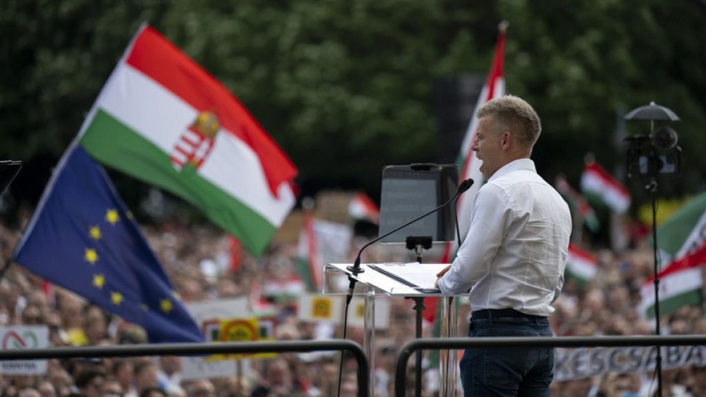 Péter Magyar, a rising challenger to Hungarian Prime Minister Viktor Orbán, addresses people at a campaign rally in the rural city of Debrecen, Hungary, on Sunday, May 5, 2024