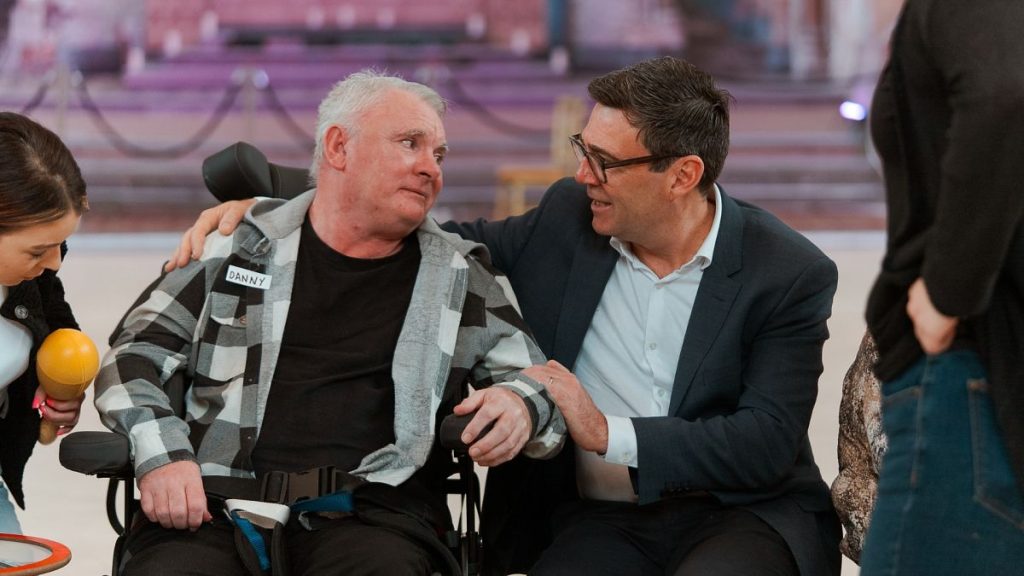 Danny enjoys the Music in Mind workshop with Manchester Mayor Andy Burnham, who attended the announcement of the new programme