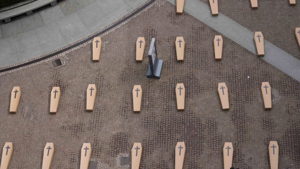 Milan piazza filled with mock coffins to protest workers
