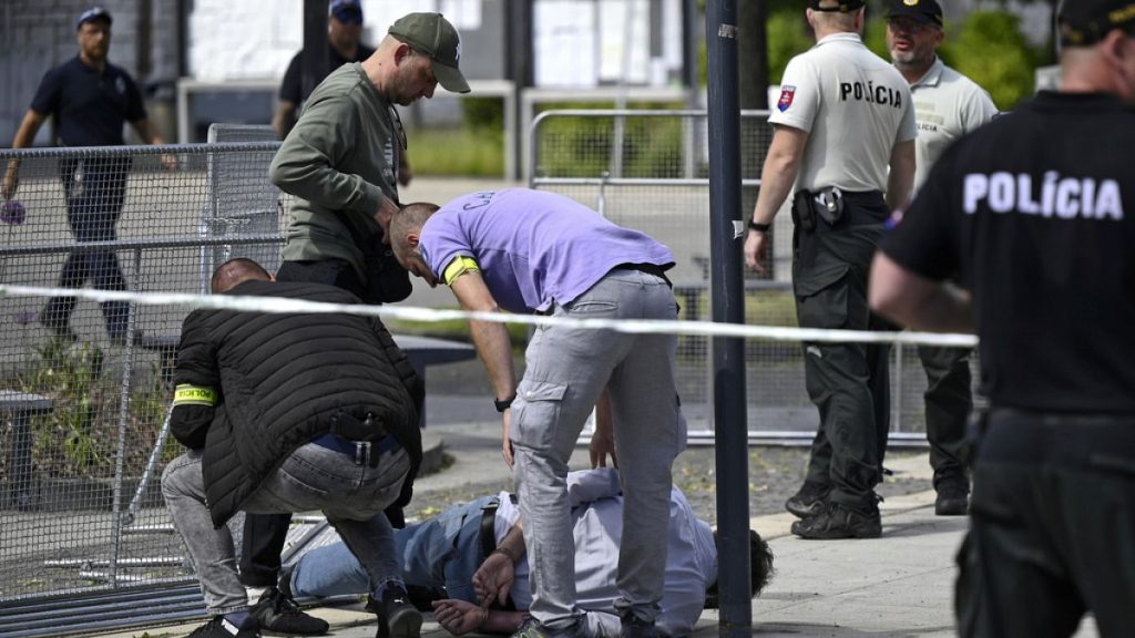 Police arrest a man after Slovak Prime Minister Robert Fico was shot in the town of Handlova, Slovakia, Wednesday, May 15, 2024.