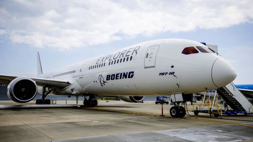 Boeing ecoDemonstrator Explorer, a 787-10 Dreamliner, sits on the tarmac at their campus in North Charleston, S.C., May 30, 2023.