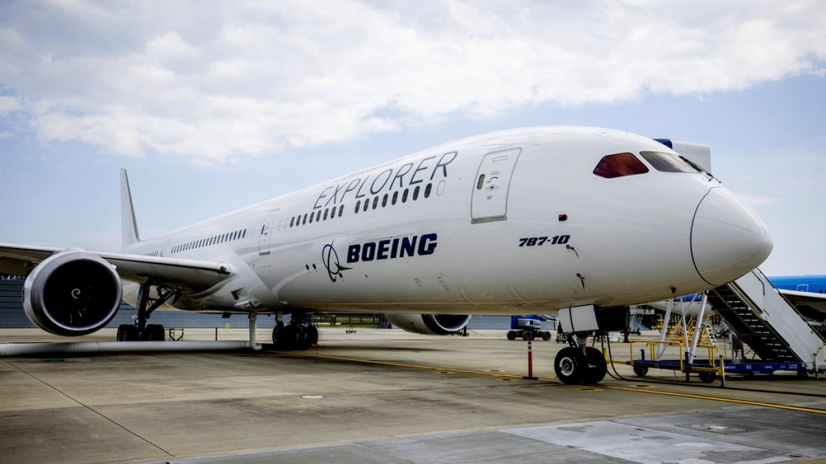 Boeing ecoDemonstrator Explorer, a 787-10 Dreamliner, sits on the tarmac at their campus in North Charleston, S.C., May 30, 2023.