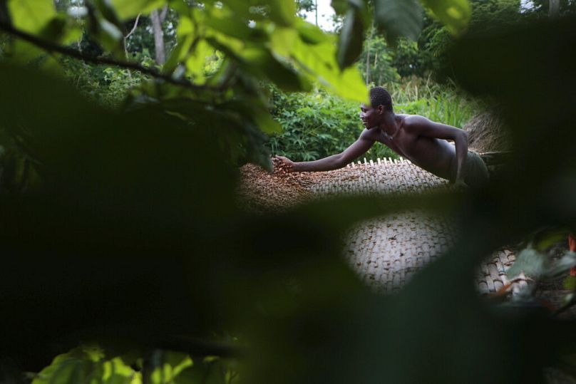 Un agriculteur fait sécher des fèves de cacao sur des nattes de roseaux, dans une ferme de cacao à l'extérieur du village de Fangolo, mai 2011.