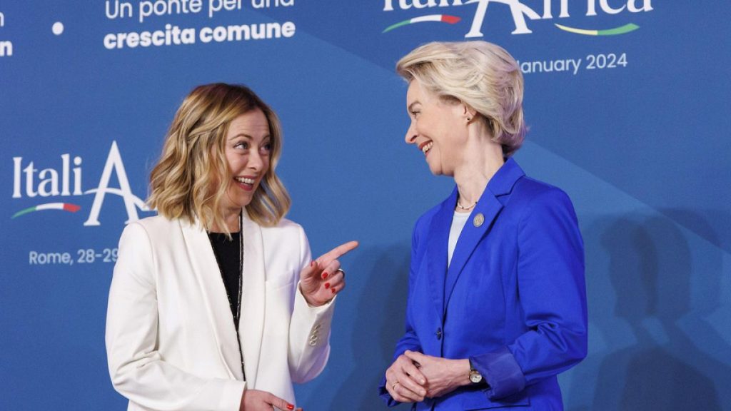Italian Premier Giorgia Meloni welcomes President of the EU Commission Ursula von der Leyen ahead of an Italy - Africa summit, in Rome. Jan. 29, 2024.