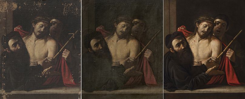 Des photos fournies par le Musée du Prado montrent les travaux de restauration du Caravage. "Ecce Homo"